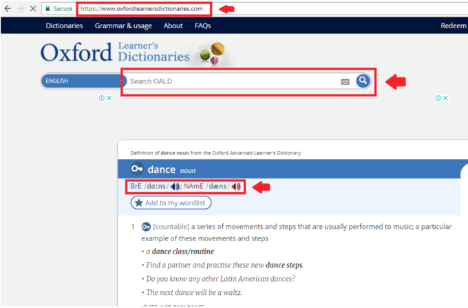 Giao diện web của từ điển Oxford Learner’s Dictionaries